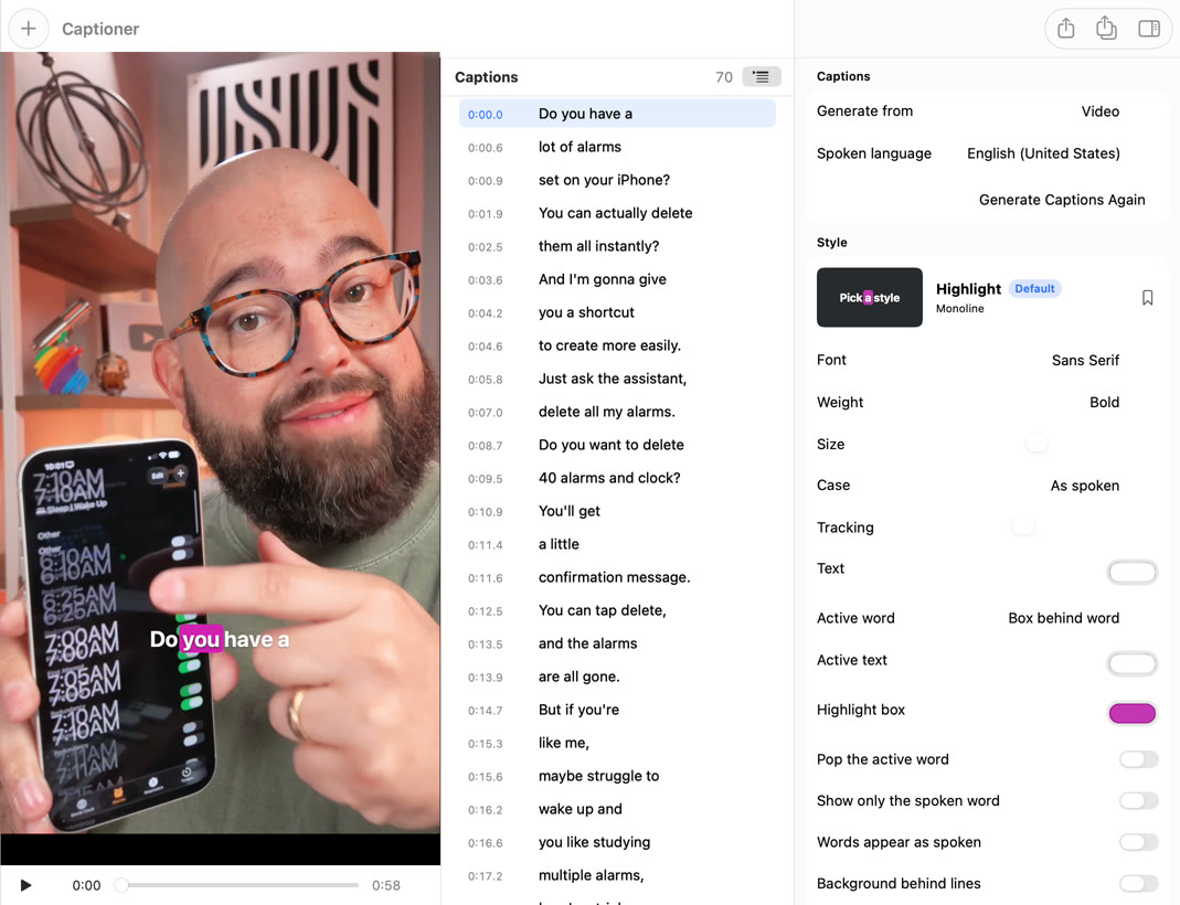 Captioner showing a vertical video with a highlighted caption, the editable caption list and the style inspector