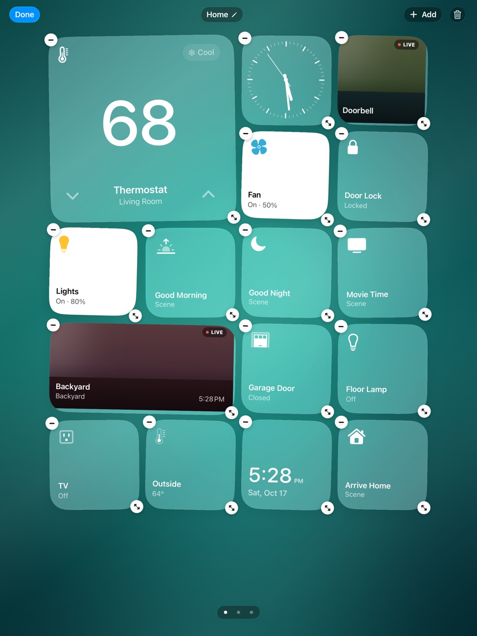 Edit mode with remove and resize badges on every tile