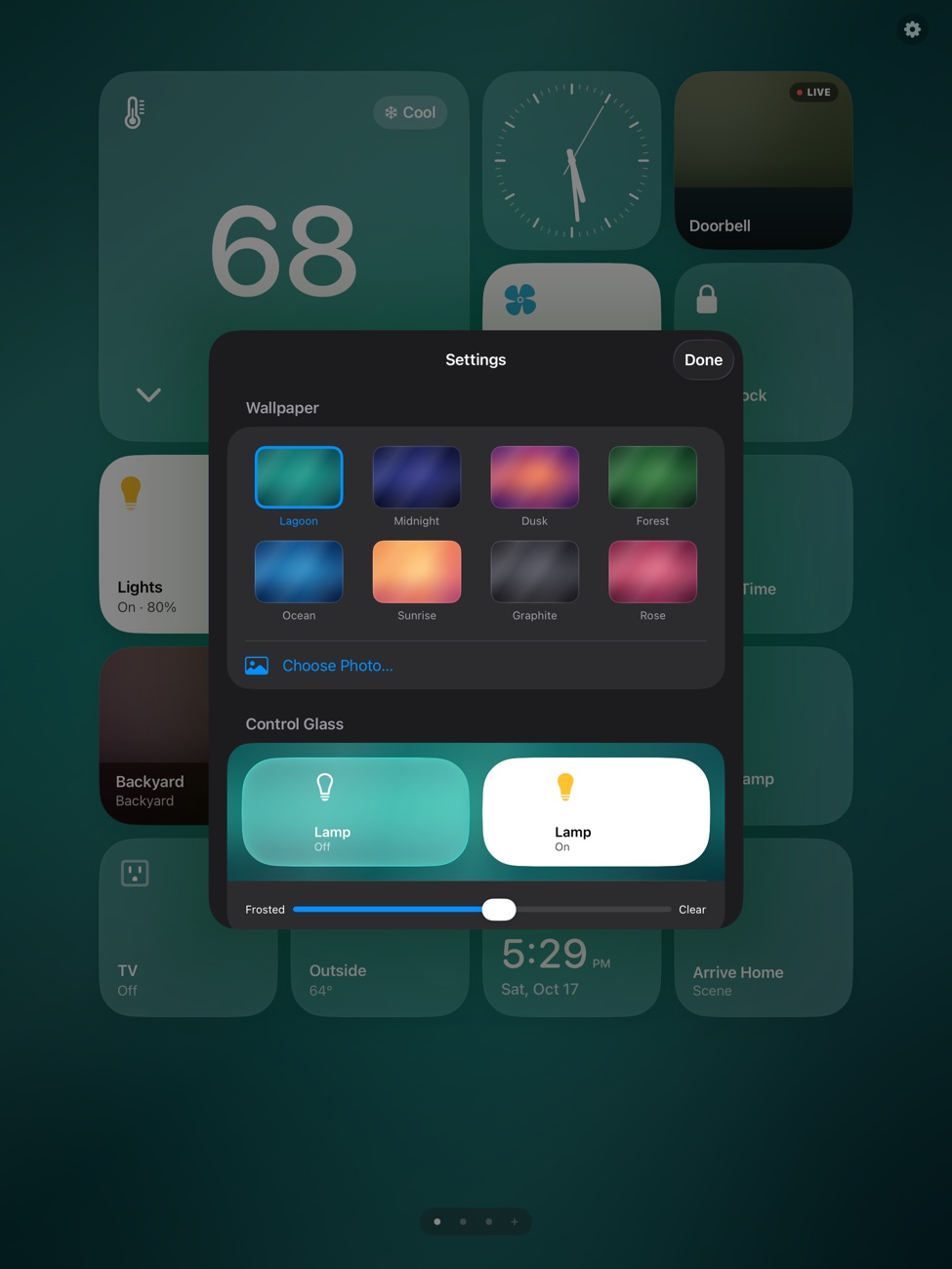 HomePad settings for wallpaper, glass clarity and keeping the screen awake
