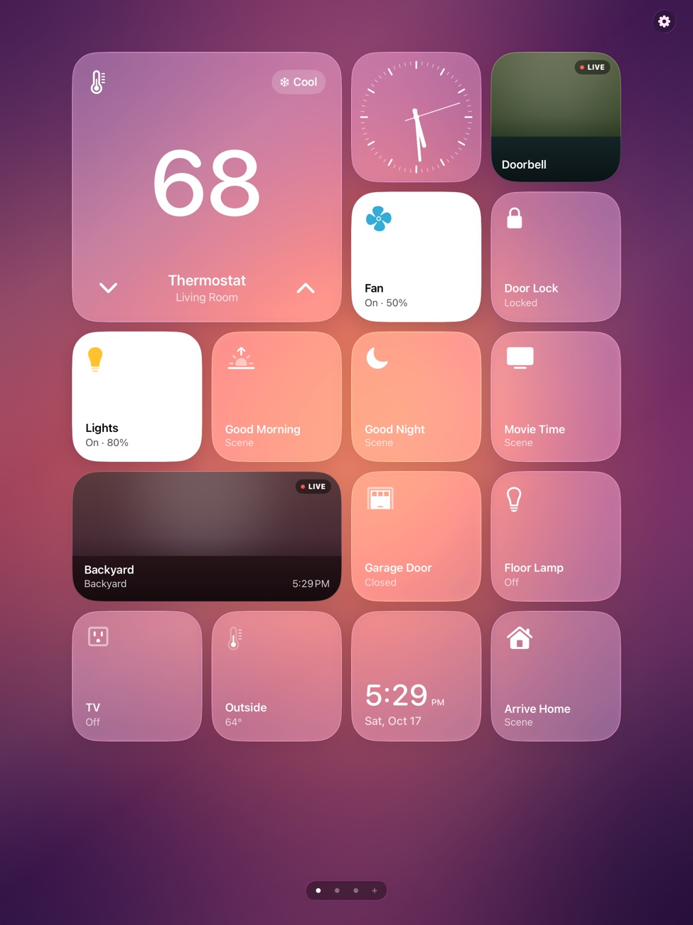 HomePad with a warm pink and purple wallpaper