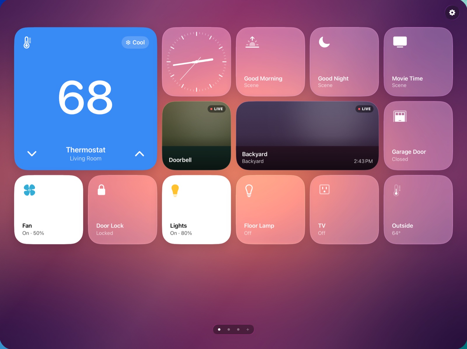 HomePad in landscape showing a screen of tiles: a thermostat at 68 degrees, a clock, doorbell and backyard camera feeds, lights, scenes, a door lock and a garage door