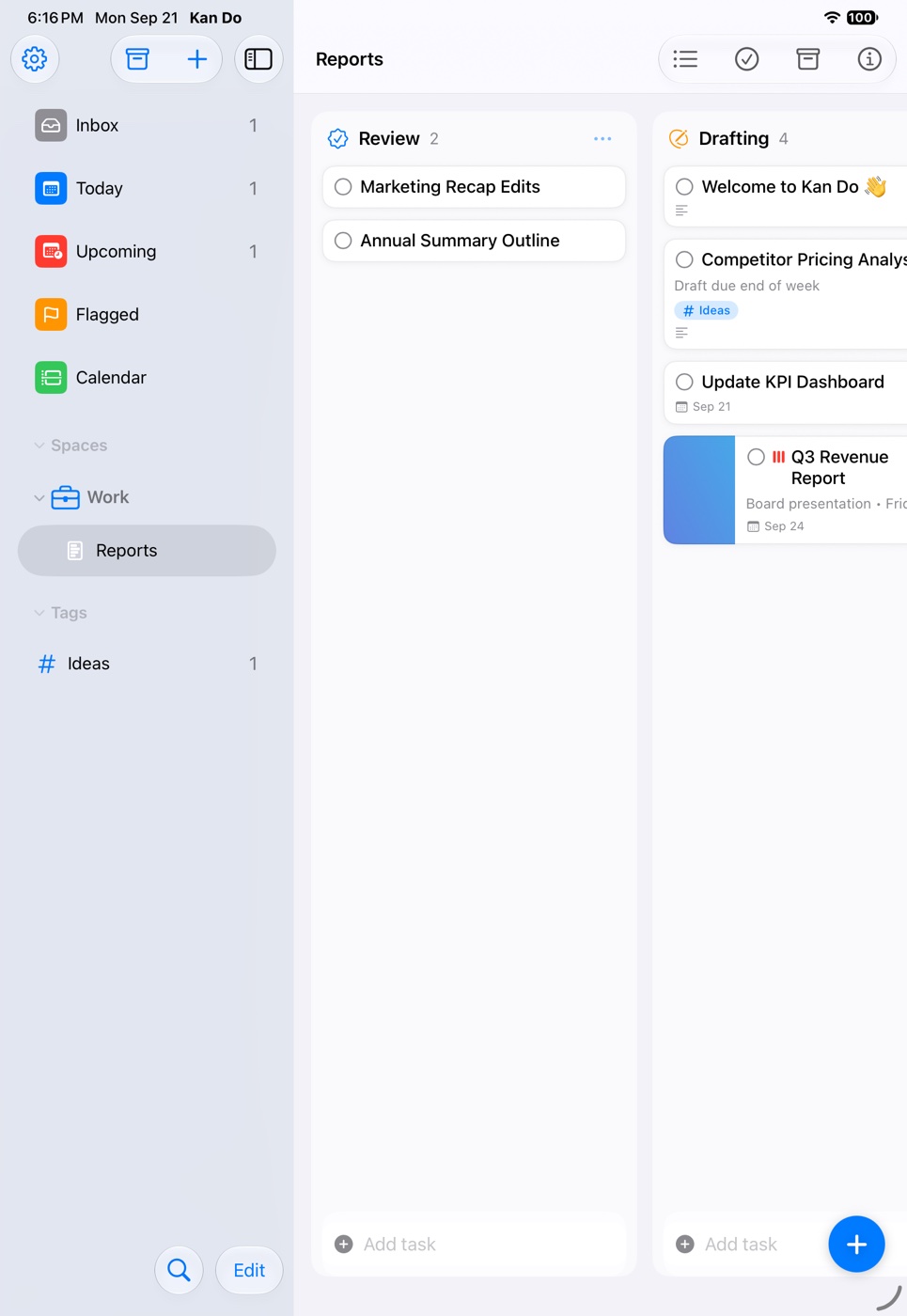 Kan Do on iPad: the sidebar on the left with Inbox, Today, Upcoming, Flagged, Calendar, a Work space with a Reports project, and a Tags section; the Reports board on the right