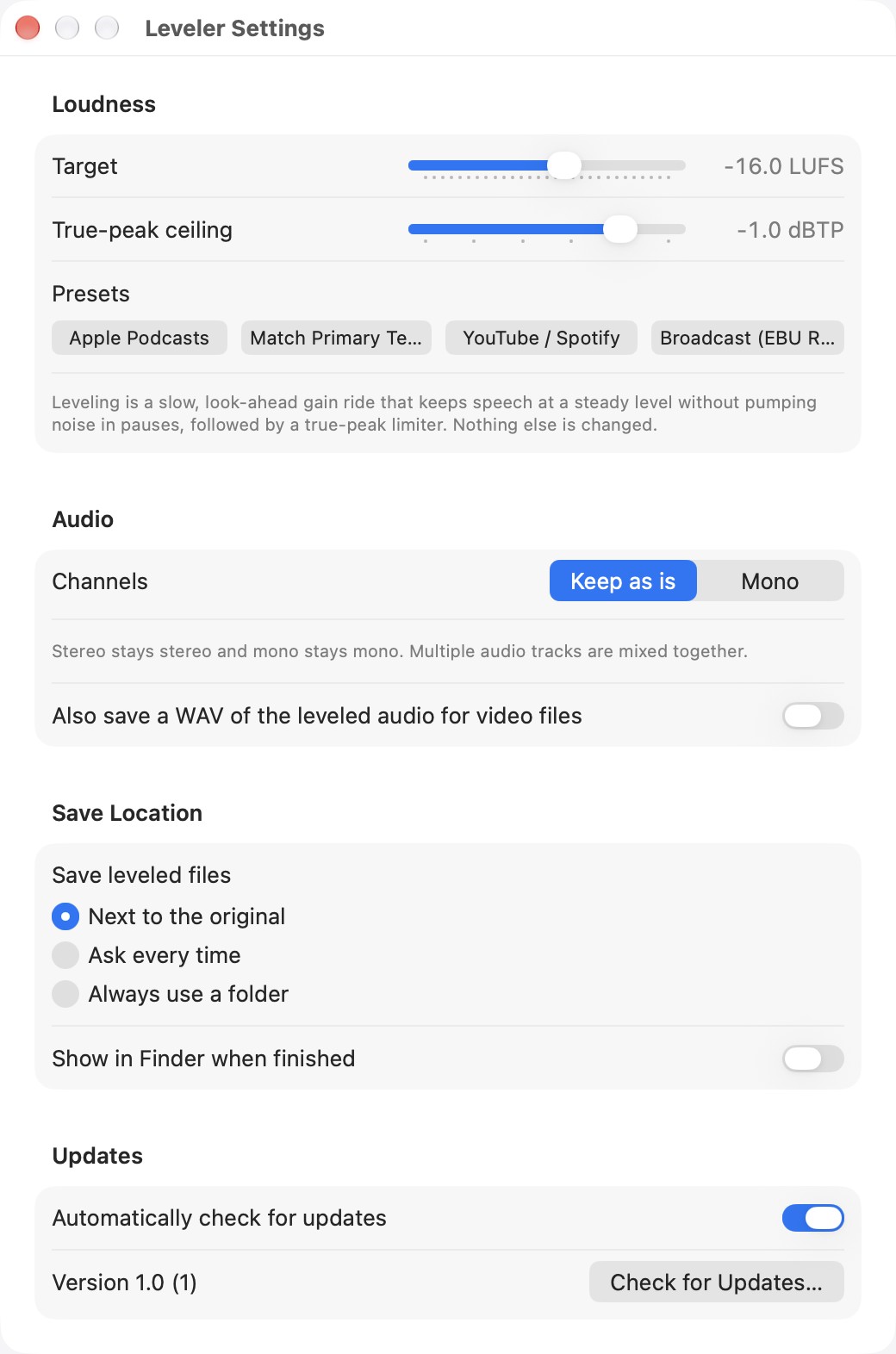 Leveler's settings: loudness target, true-peak ceiling, presets, audio options and save location
