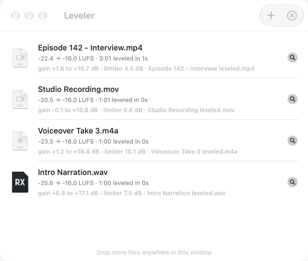 Leveler showing four files leveled, each with its before-and-after loudness