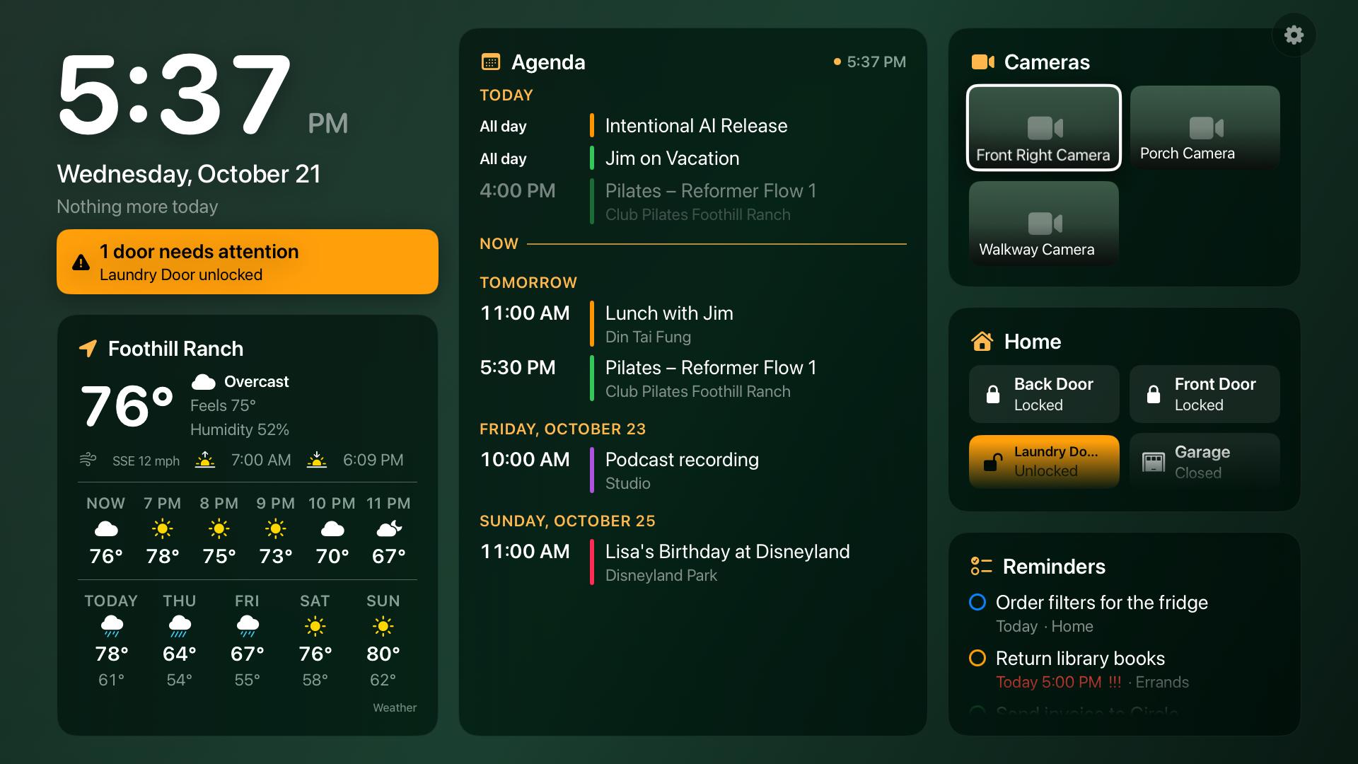 Lookout on an Apple TV showing the clock, weather, agenda, cameras, home status and reminders
