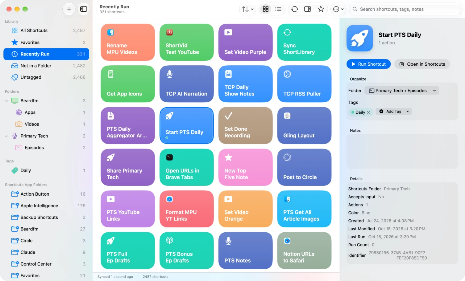 ShortLibrary with the details pane open for a shortcut, showing its nested folder, a tag, notes, and Shortcuts' creation, modified and last-run dates