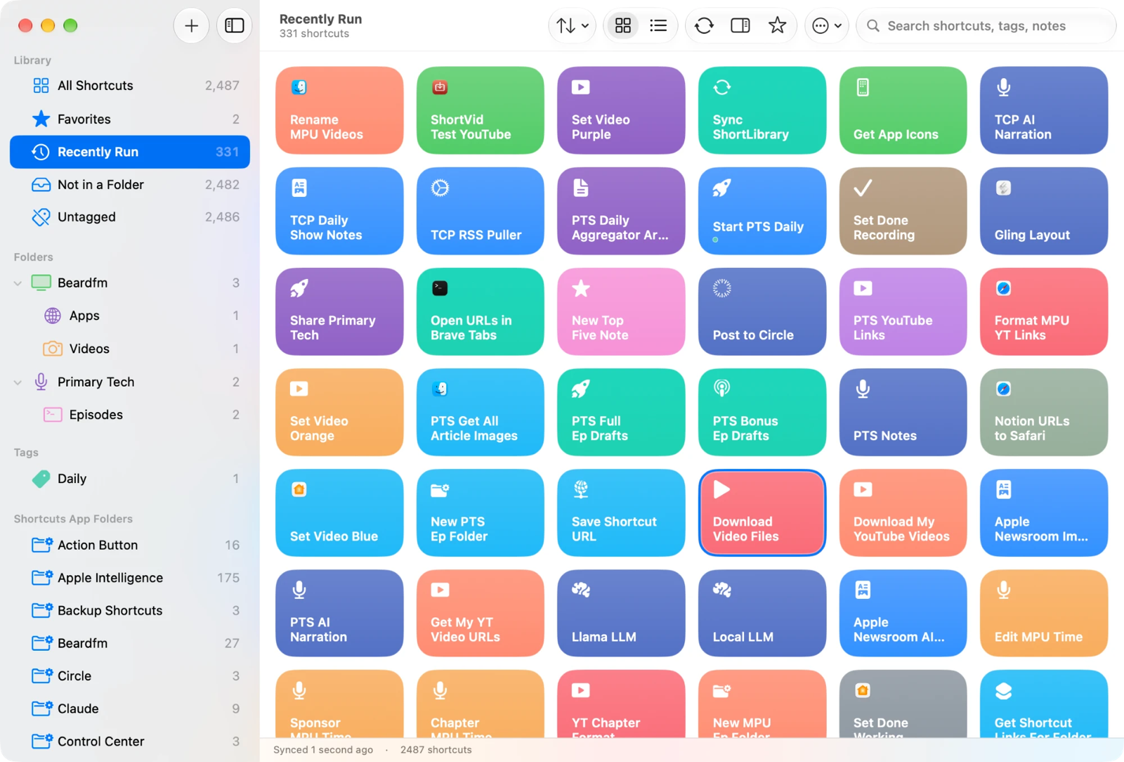 ShortLibrary showing the Recently Run view as a grid of Shortcuts tiles, with nested folders, tags and Shortcuts app folders in the sidebar