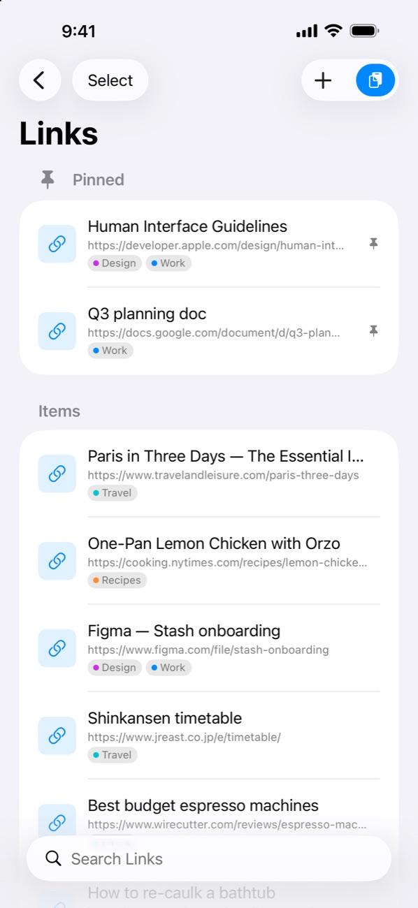 The Links category on iPhone
