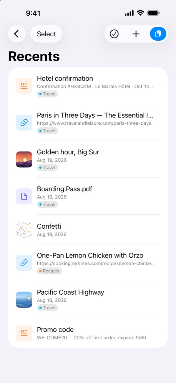 Recents on iPhone with a hotel confirmation, links, photos, and a boarding pass
