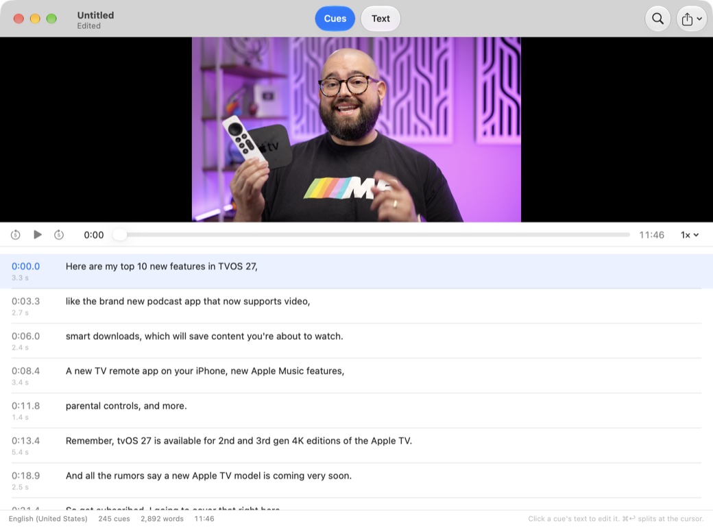 Transcriber showing a video with its transcript below as timestamped cues